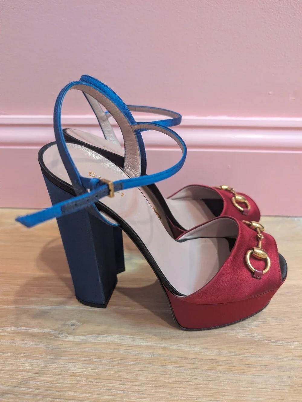 Gucci Claudie Horsebit Satin Platform Sandal Heel Blue Red/Burgundy38.5 Designer